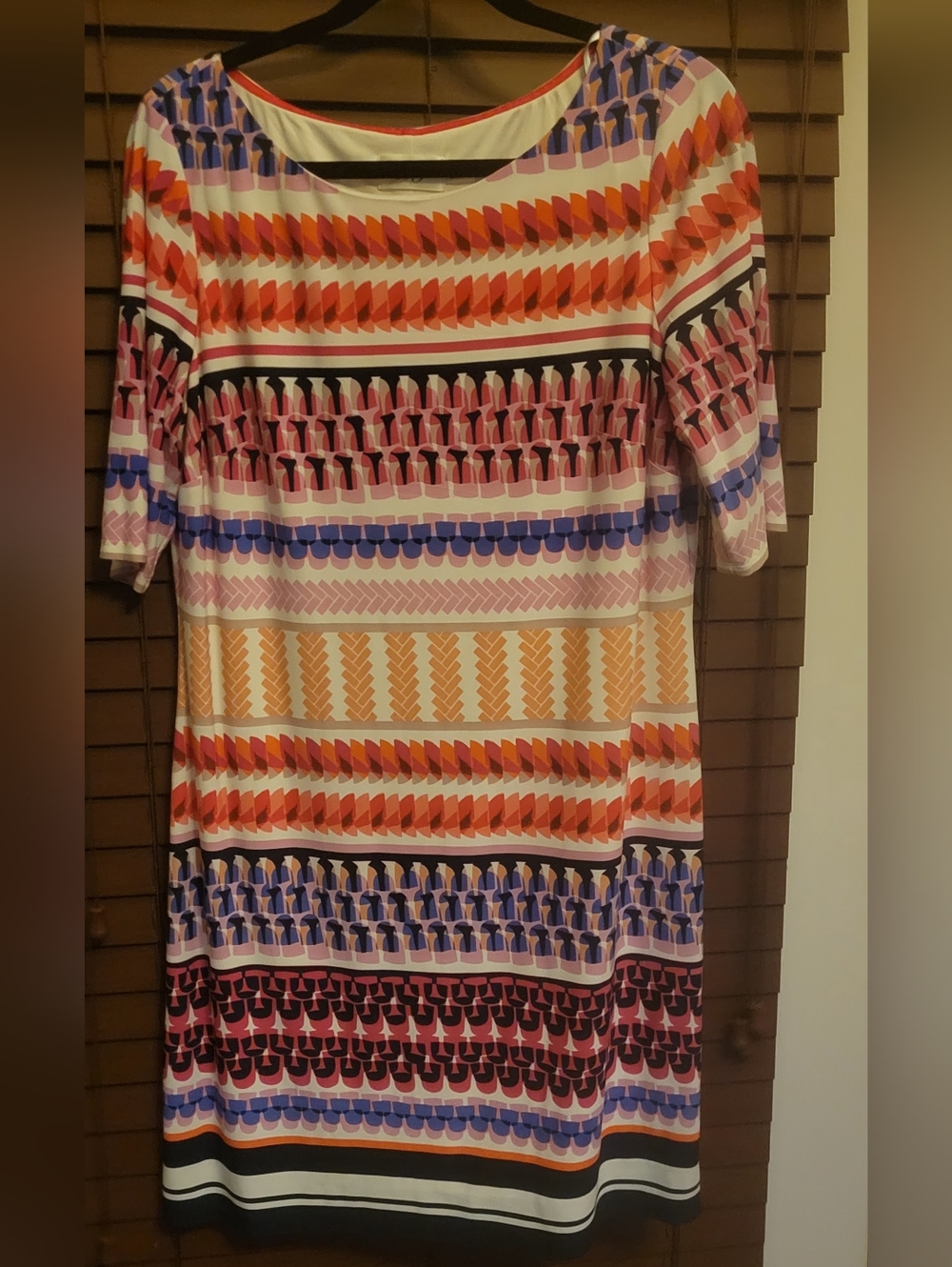 Eliza J Striped Geometric Midi Dress in Blue, Red, Orange, Pink & White.